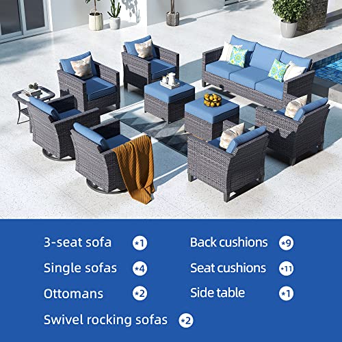 ovios Patio Furniture Set 10 PCS Outdoor Wicker Rocking Swivel Chairs Sectional Sofa Set with 4 Single Chairs High Back Rattan Sofa for Yard Garden Porch (Denim Blue)