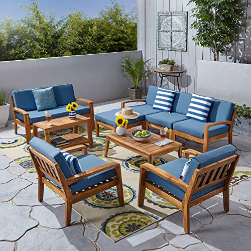 Great Deal Furniture Sally 7-Seater Sectional Sofa Set for Patio with Loveseat, Club Chairs, Ottoman, and Coffee Tables, Acacia Wood, Teak Finish with Blue Outdoor Cushions