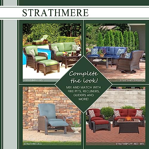 Hanover Strathmere 6-Piece Wicker Patio Furniture Set with Loveseat, 2 Chairs with Ottomans, Green Cushions, Pillows and Glass Top Coffee Table, All-Weather Modern Outdoor Sofa Set