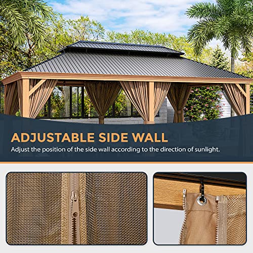 HAPPATIO 12' x 20' Hardtop Gazebo, Outdoor Wood Grain Aluminum Gazebo with Galvanized Steel, Patio Double Roof Permanent Metal Gazebo Canopy with Netting and Curtains for Backyard, Patio, Deck (Brown)