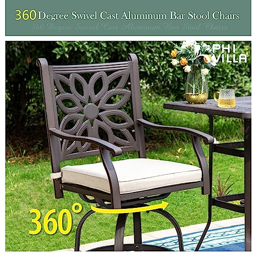 PHI VILLA Cast Aluminum High Bar Dining Set for 6 Person, 7 Piece Outdoor Patio Set with 54" Dia Cast-Top Aluminum Table(2.1" Umbrella Hole) and 6 Outdoor Swivel Bar Stool Chairs with Seat Cushions