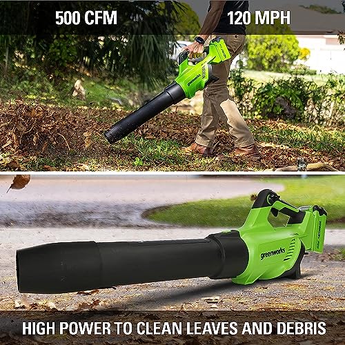Greenworks 40V 21" Cordless Self-Propelled Lawn Mower,(500 CFM/120 MPH) Axial Leaf Blower,13" String Trimmer,Combo Kit w/ (1) 5Ah (1)2AH Battery, (2) 2A Chargers
