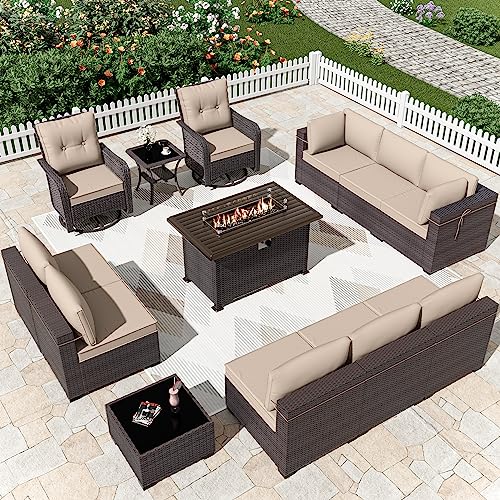 Delnavik Patio Furniture Sectional Sofa Set 13-Pieces PE Rattan Swivel Rocking Chairs Patio Conversation Set w/43in Gas Fire Pit Table, Outdoor Furniture with 55000 BTU Propane Fire Pit, Sand