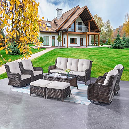 Rilyson Wicker Patio Furniture Set - 8 Piece Rattan Outdoor Sectional Conversation Sets with 4 Swivel Rocking Chairs,2 Ottomans,1 Sofa and 1 Coffee Table for Porch Deck Garden(Brown/Beige)