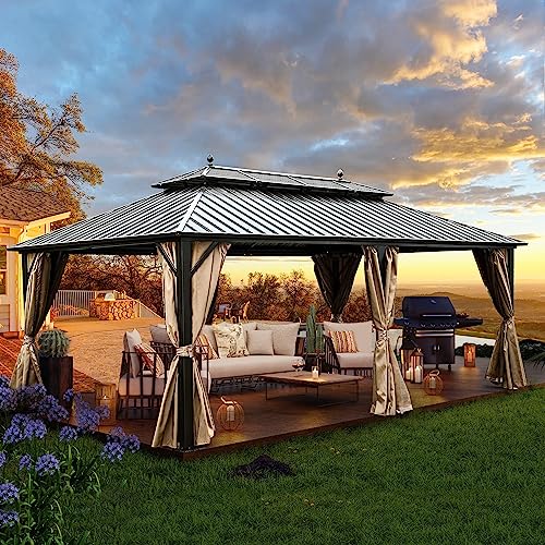 YITAHOME 12x20 ft Hardtop Gazebo with Nettings and Curtains, Outdoor Heavy Duty Aluminum Gazebo Combined of Horizontal and Vertical Stripes Roof for Patio, Backyard, Deck, Lawns and Balcony (Bronze)