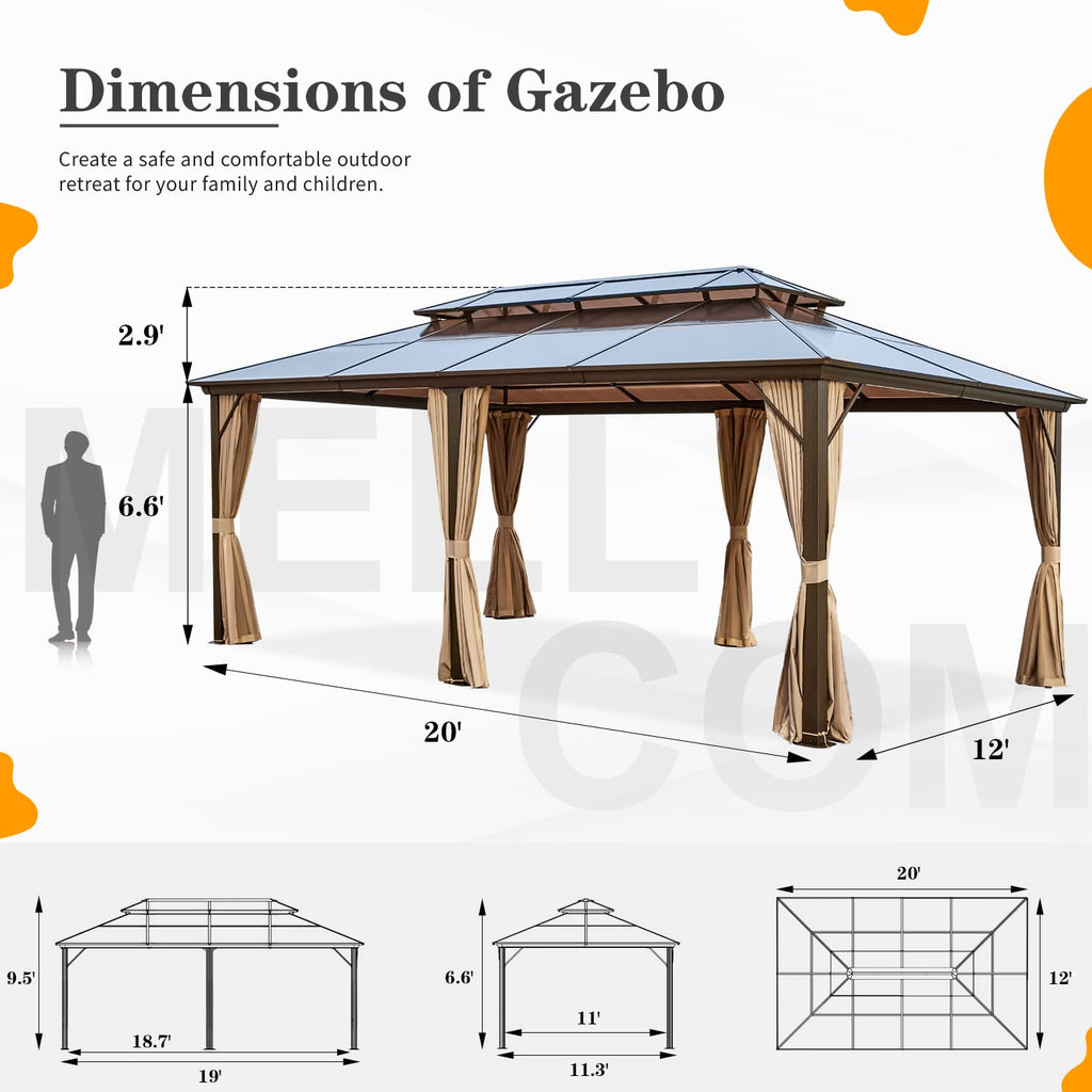 MELLCOM 12 x 20ft Hardtop Gazebo, Polycarbonate Double Roof Aluminum Gazebo, Outdoor Waterproof Canopy Gazebo with Netting and Curtains for Backyard, Deck, Patio